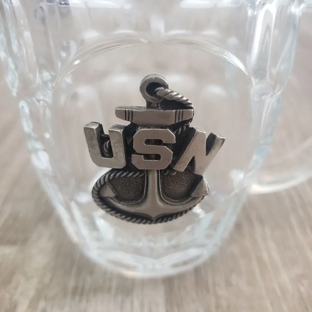 U.S.N. US Navy Pewter‎ Logo on Clear Glass Beer Stein Mug Military Luminarc USA